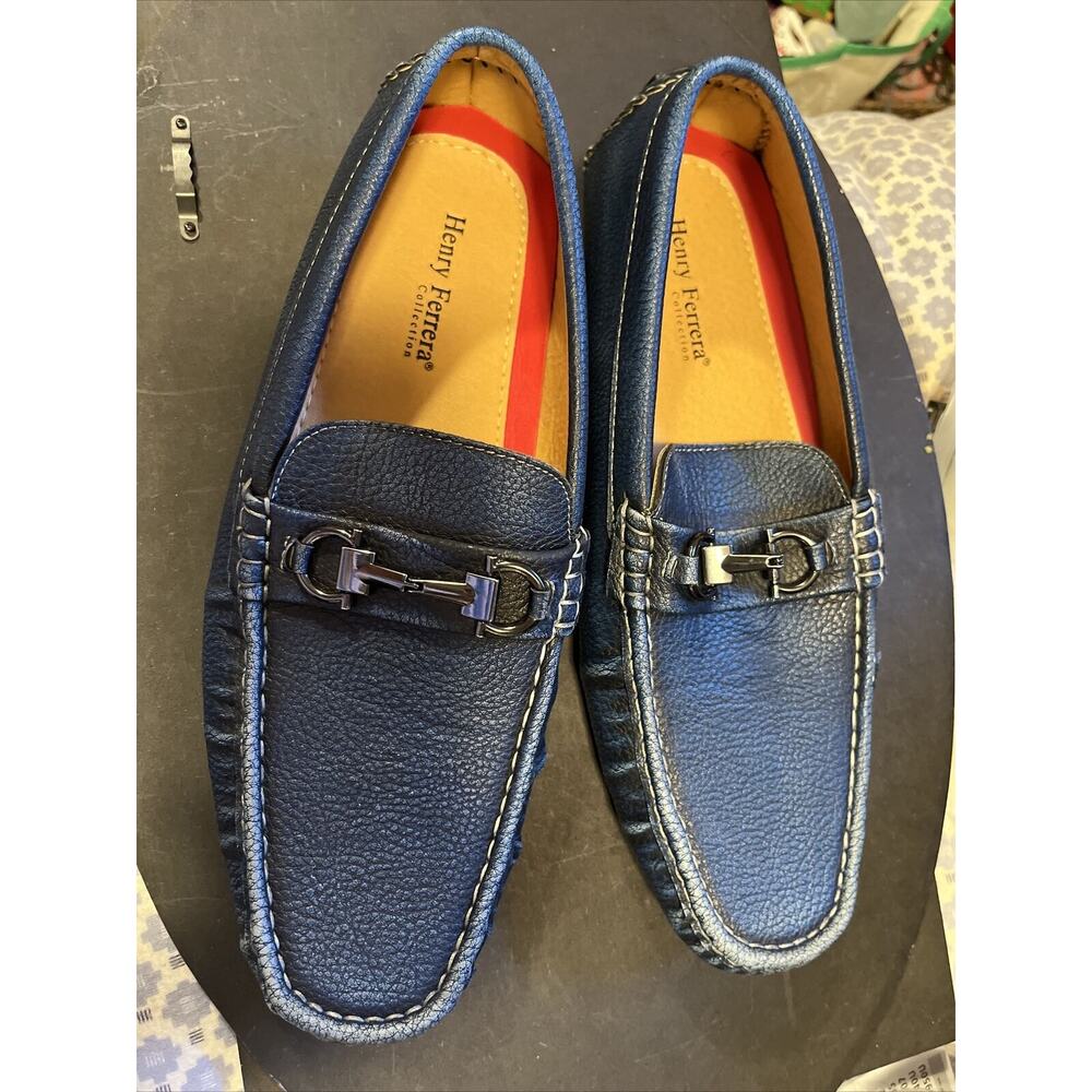 Henry Ferrera Blue Bridle Buckle Faux Leather Mens Loafers Shoes King Size 10